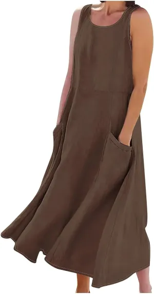 2025 Spring Long Dress for Women Sleeveless Round Neck Pleated Dress Ladies Solid Color Vacation Dresses with Pockets