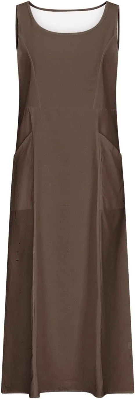 2025 Spring Long Dress for Women Sleeveless Round Neck Pleated Dress Ladies Solid Color Vacation Dresses with Pockets