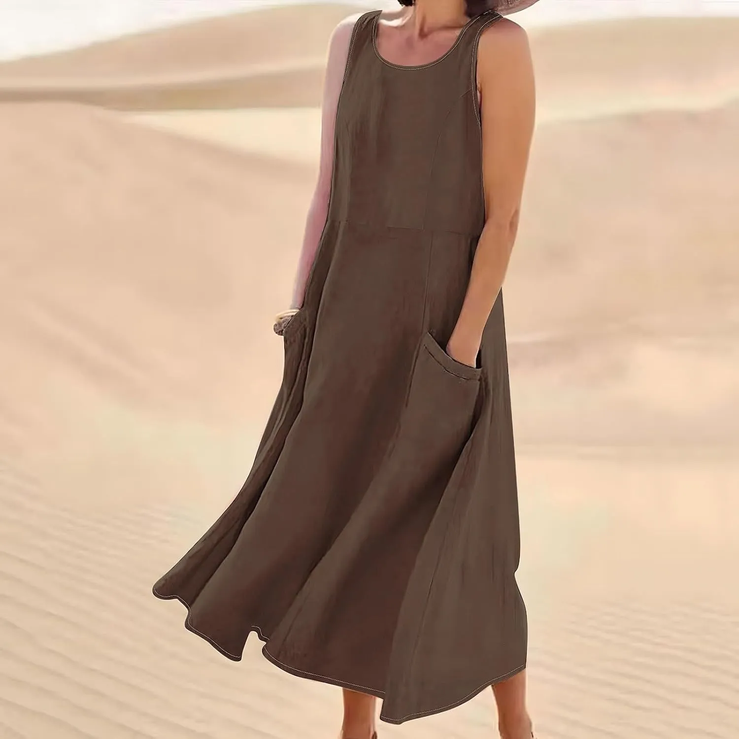 2025 Spring Long Dress for Women Sleeveless Round Neck Pleated Dress Ladies Solid Color Vacation Dresses with Pockets