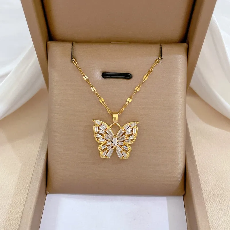 316L Stainless Steel Butterfly Cubic Zircon Pendant Necklace For Women