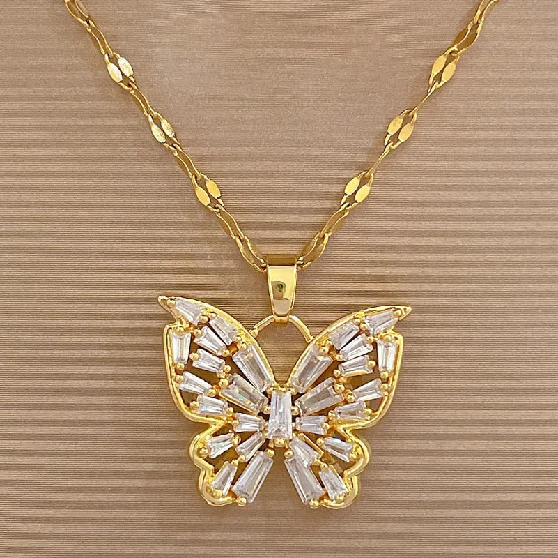 316L Stainless Steel Butterfly Cubic Zircon Pendant Necklace For Women