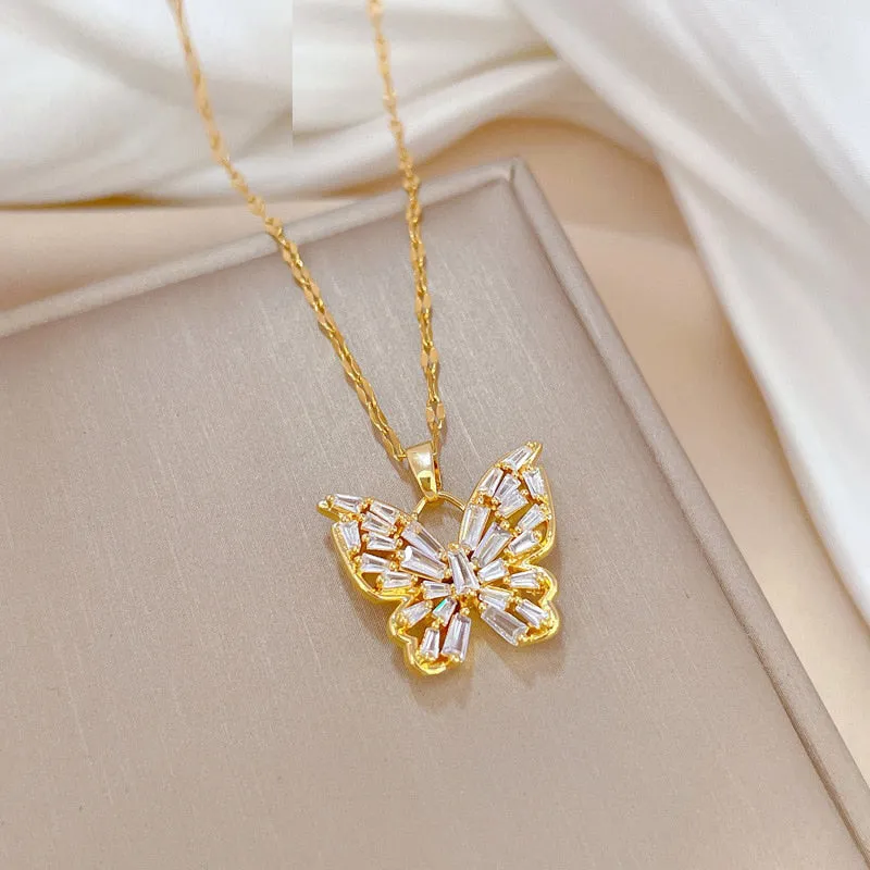 316L Stainless Steel Butterfly Cubic Zircon Pendant Necklace For Women