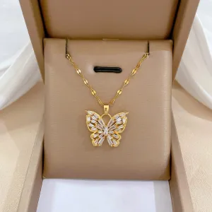 316L Stainless Steel Butterfly Cubic Zircon Pendant Necklace For Women