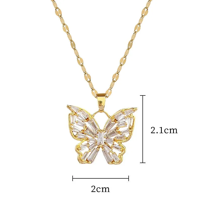 316L Stainless Steel Butterfly Cubic Zircon Pendant Necklace For Women