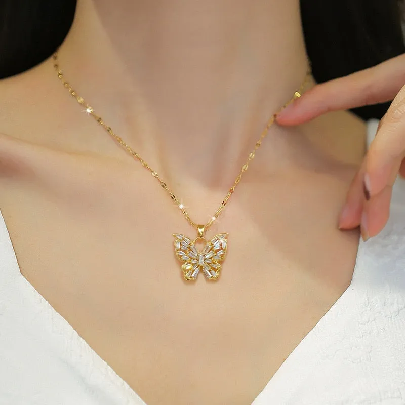 316L Stainless Steel Butterfly Cubic Zircon Pendant Necklace For Women