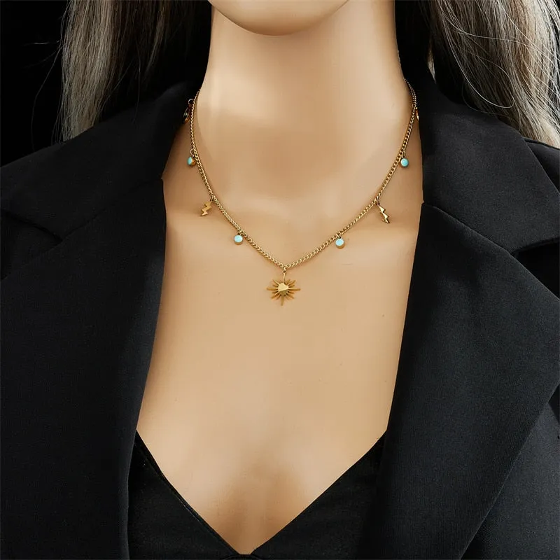 316L Stainless Steel Lightning Sun Pendant Necklace For Women