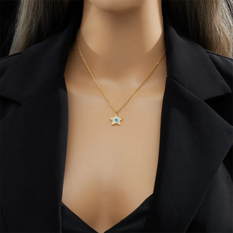 316L Stainless Steel Pentagram Star Eye Pendant Necklace For Women