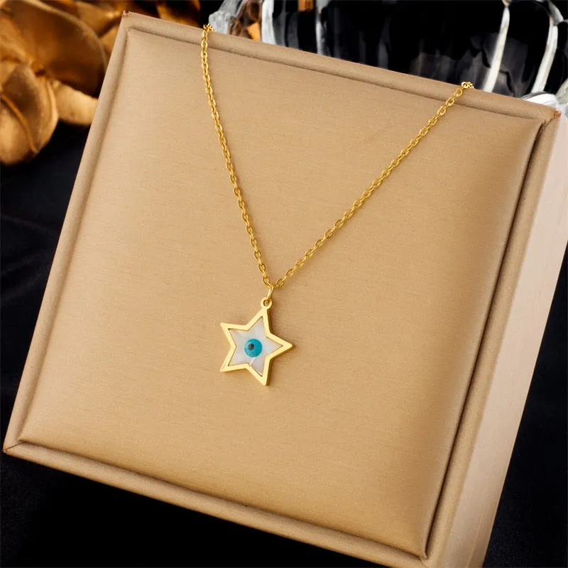 316L Stainless Steel Pentagram Star Eye Pendant Necklace For Women