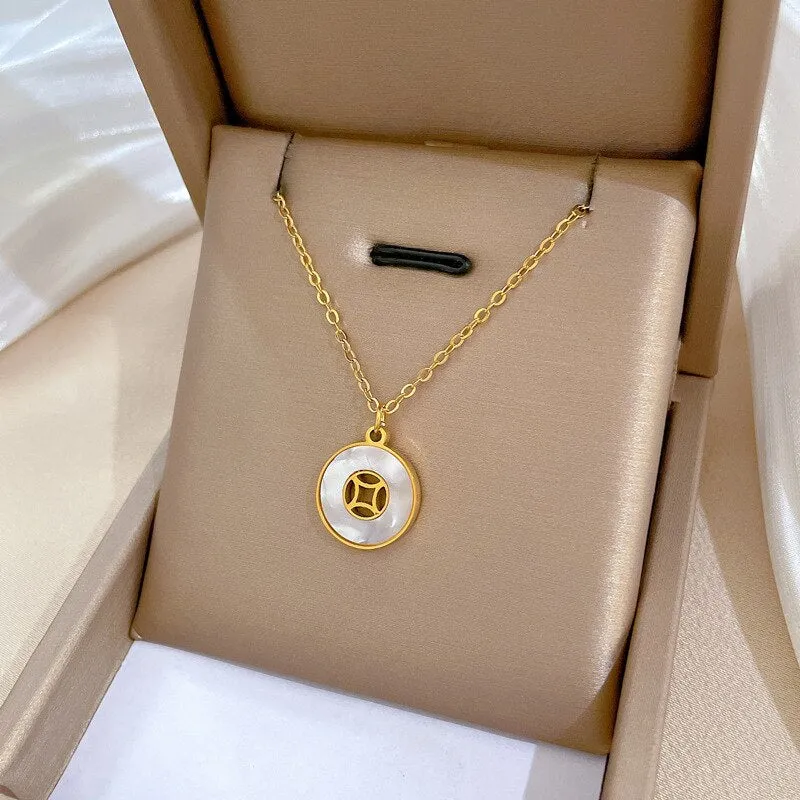 316L Stainless Steel Round Geometric Coins Pendant Necklace For Women