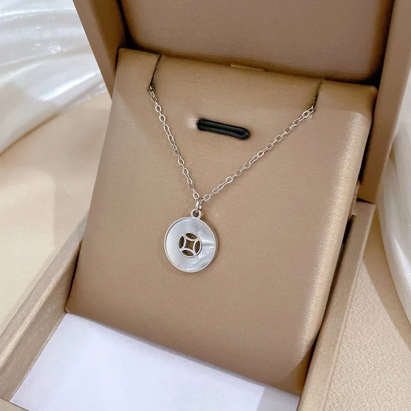 316L Stainless Steel Round Geometric Coins Pendant Necklace For Women