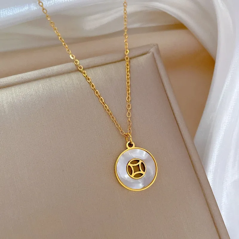 316L Stainless Steel Round Geometric Coins Pendant Necklace For Women