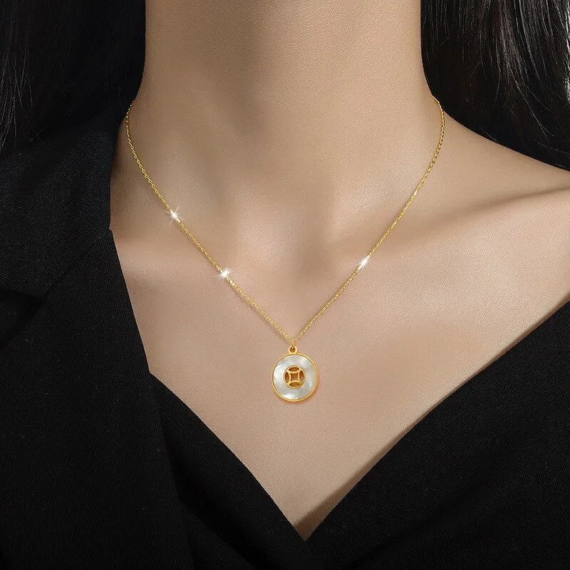 316L Stainless Steel Round Geometric Coins Pendant Necklace For Women