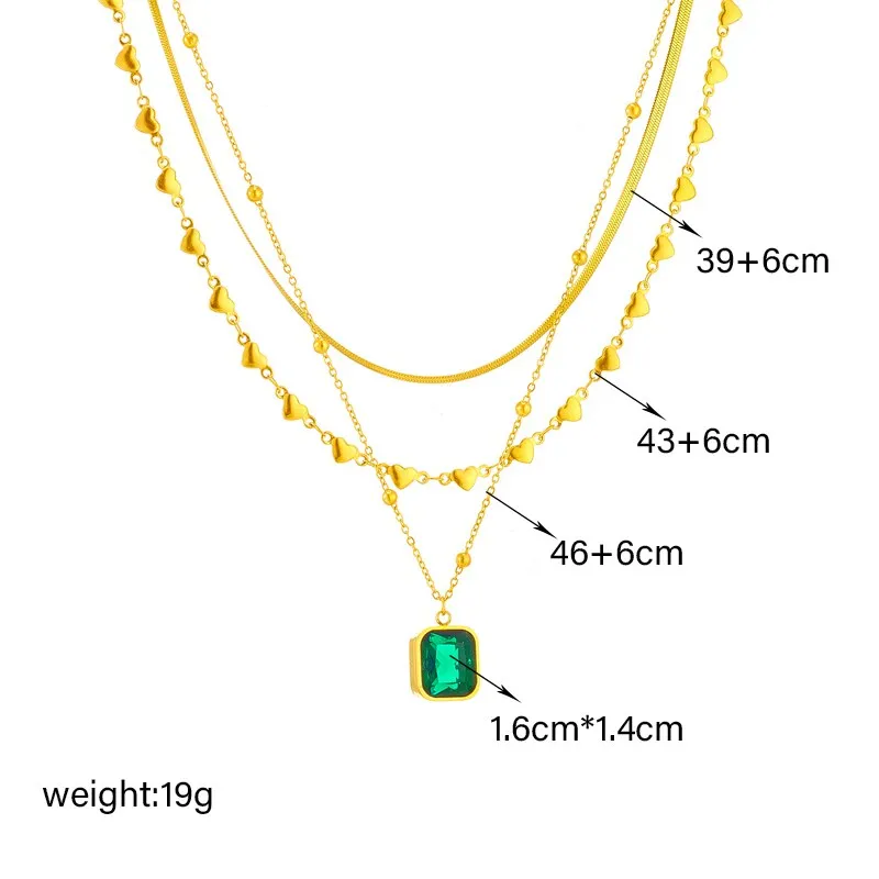 316L Stainless Steel Square Green Crystal Pendant Necklace For Women
