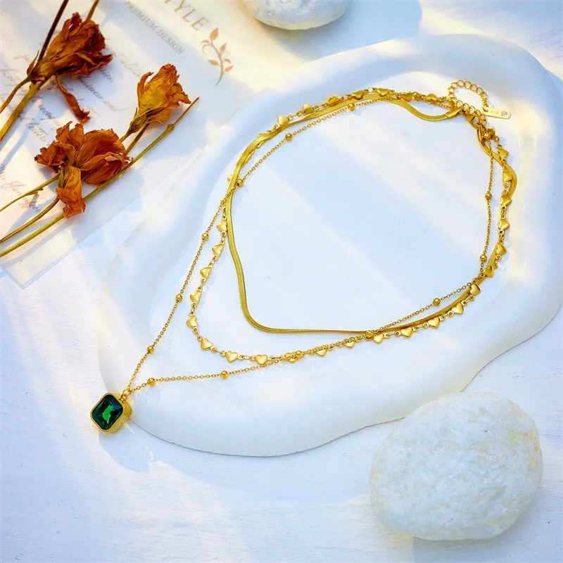 316L Stainless Steel Square Green Crystal Pendant Necklace For Women