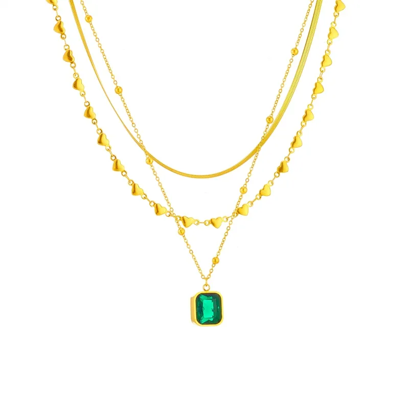 316L Stainless Steel Square Green Crystal Pendant Necklace For Women