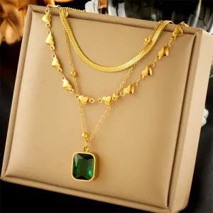 316L Stainless Steel Square Green Crystal Pendant Necklace For Women