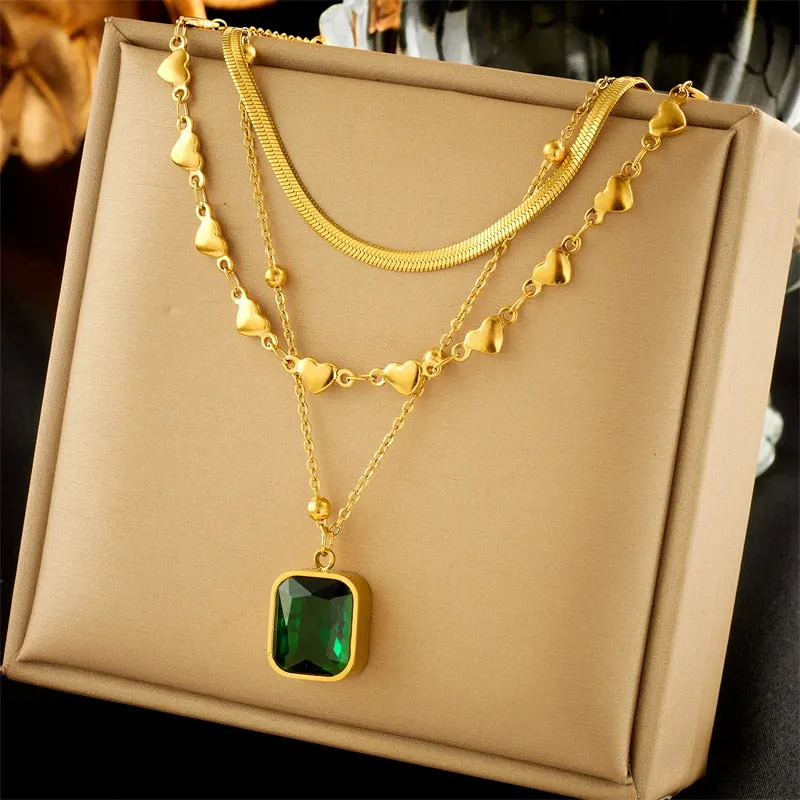 316L Stainless Steel Square Green Crystal Pendant Necklace For Women