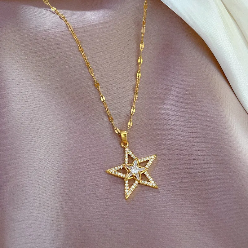 316L Stainless Steel Sweet Sparkling Full Crystal Star Pendant Clavicle Chain Necklace Women