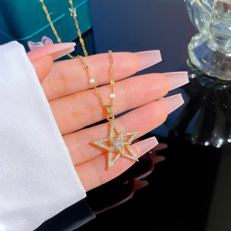 316L Stainless Steel Sweet Sparkling Full Crystal Star Pendant Clavicle Chain Necklace Women