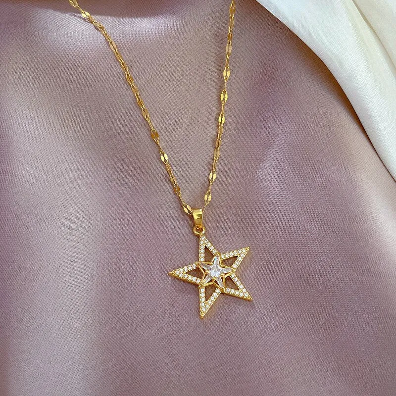 316L Stainless Steel Sweet Sparkling Full Crystal Star Pendant Clavicle Chain Necklace Women