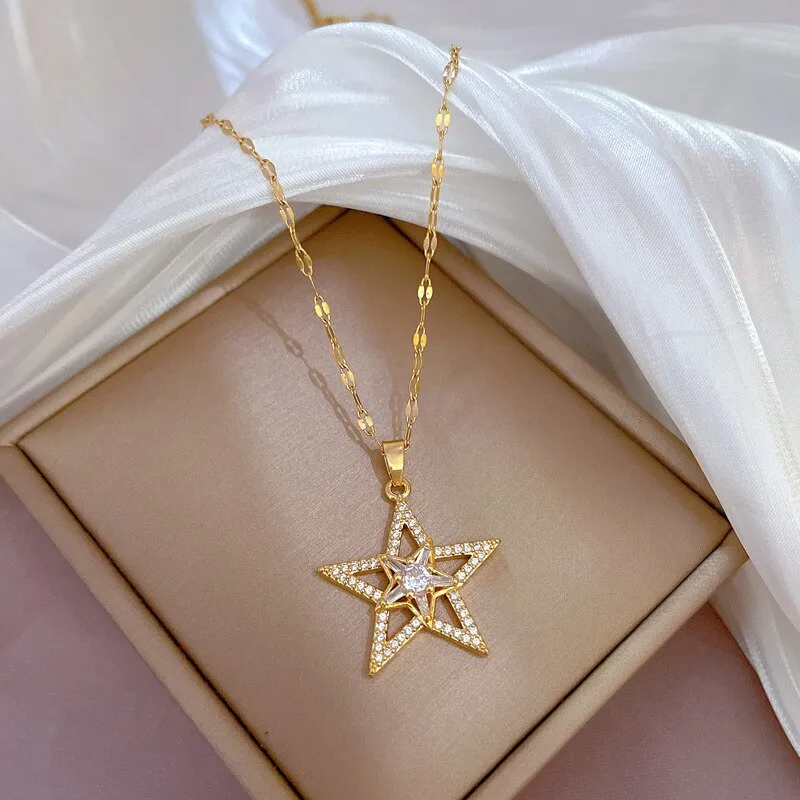 316L Stainless Steel Sweet Sparkling Full Crystal Star Pendant Clavicle Chain Necklace Women