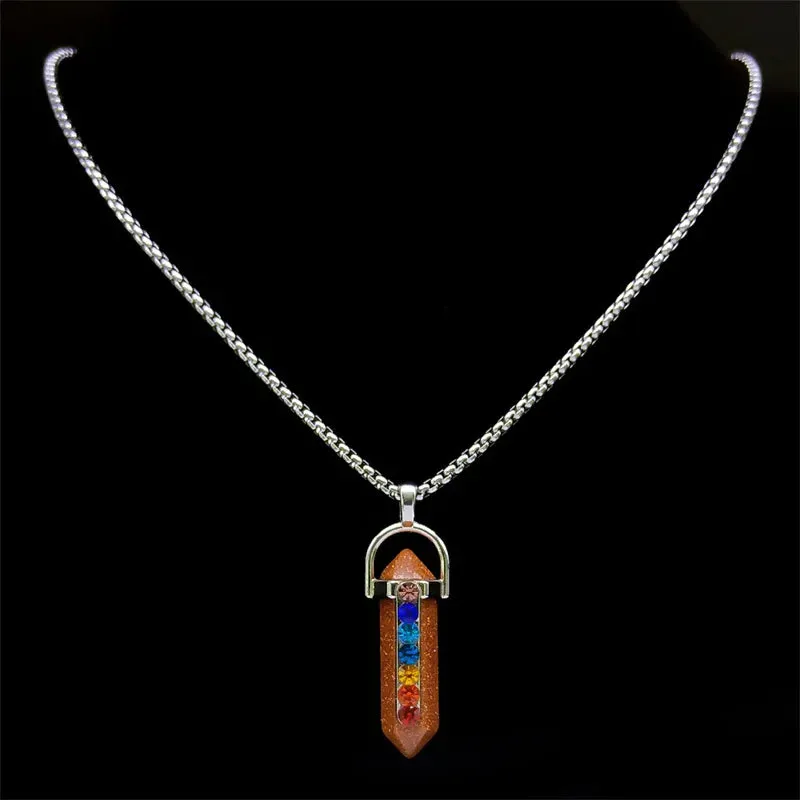 7 Chakra Crystal Stone Necklace Women Men Stainless Steel Chain Necklaces