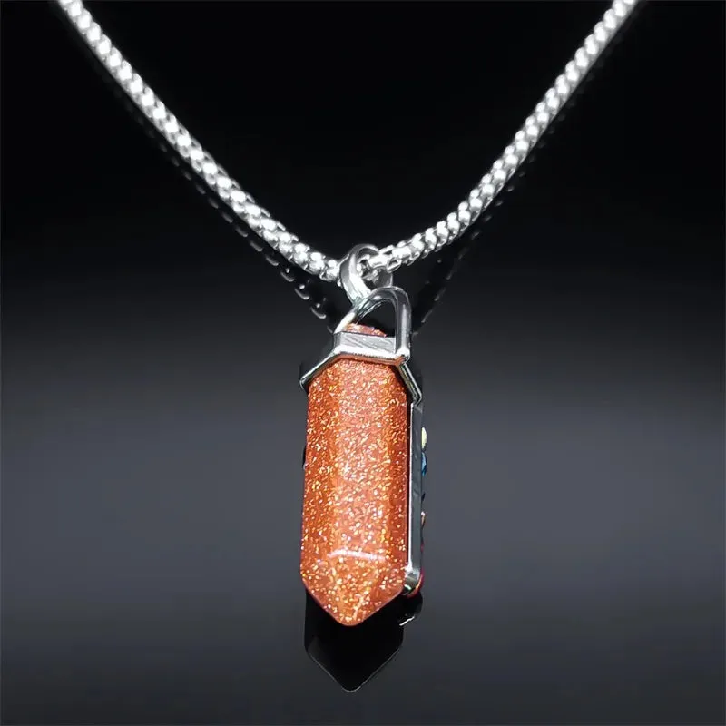 7 Chakra Crystal Stone Necklace Women Men Stainless Steel Chain Necklaces