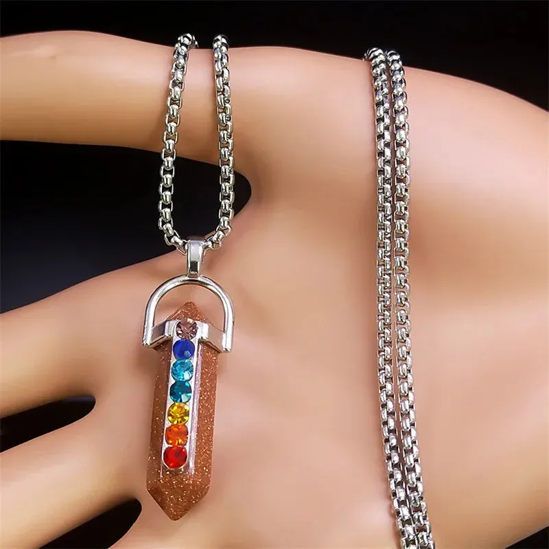 7 Chakra Crystal Stone Necklace Women Men Stainless Steel Chain Necklaces