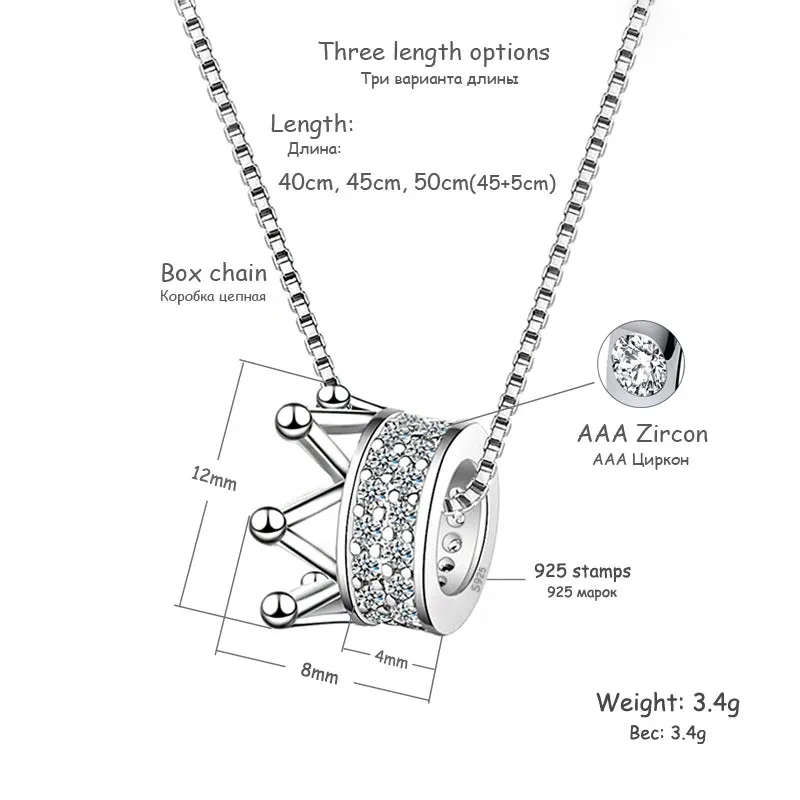 925 Sterling Silver Rotatable Crown Rhinestone Pendant Necklace
