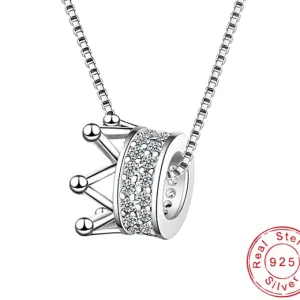925 Sterling Silver Rotatable Crown Rhinestone Pendant Necklace