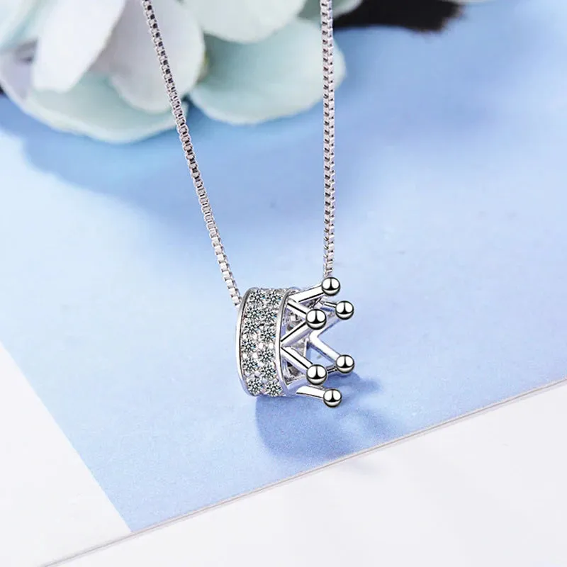 925 Sterling Silver Rotatable Crown Rhinestone Pendant Necklace