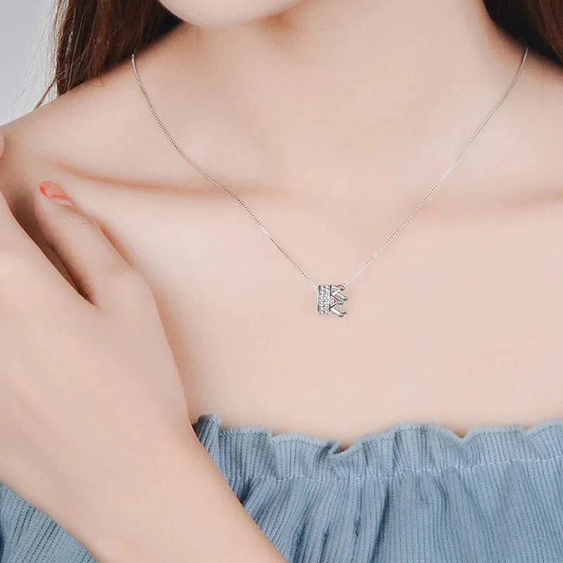 925 Sterling Silver Rotatable Crown Rhinestone Pendant Necklace