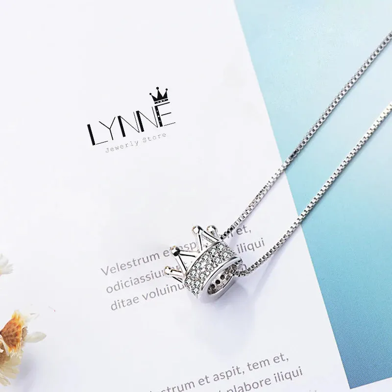 925 Sterling Silver Rotatable Crown Rhinestone Pendant Necklace