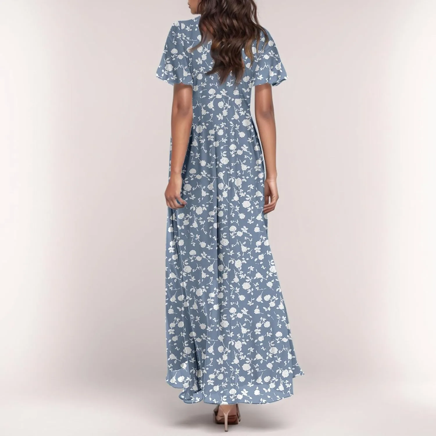 A Line Dresses for Women 2025 Floral Chiffon Long Summer Dresses Ruffle Short Sleeve Beach Dress for Wedding Guest