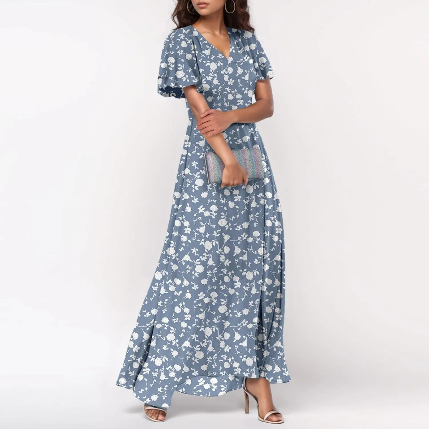 A Line Dresses for Women 2025 Floral Chiffon Long Summer Dresses Ruffle Short Sleeve Beach Dress for Wedding Guest
