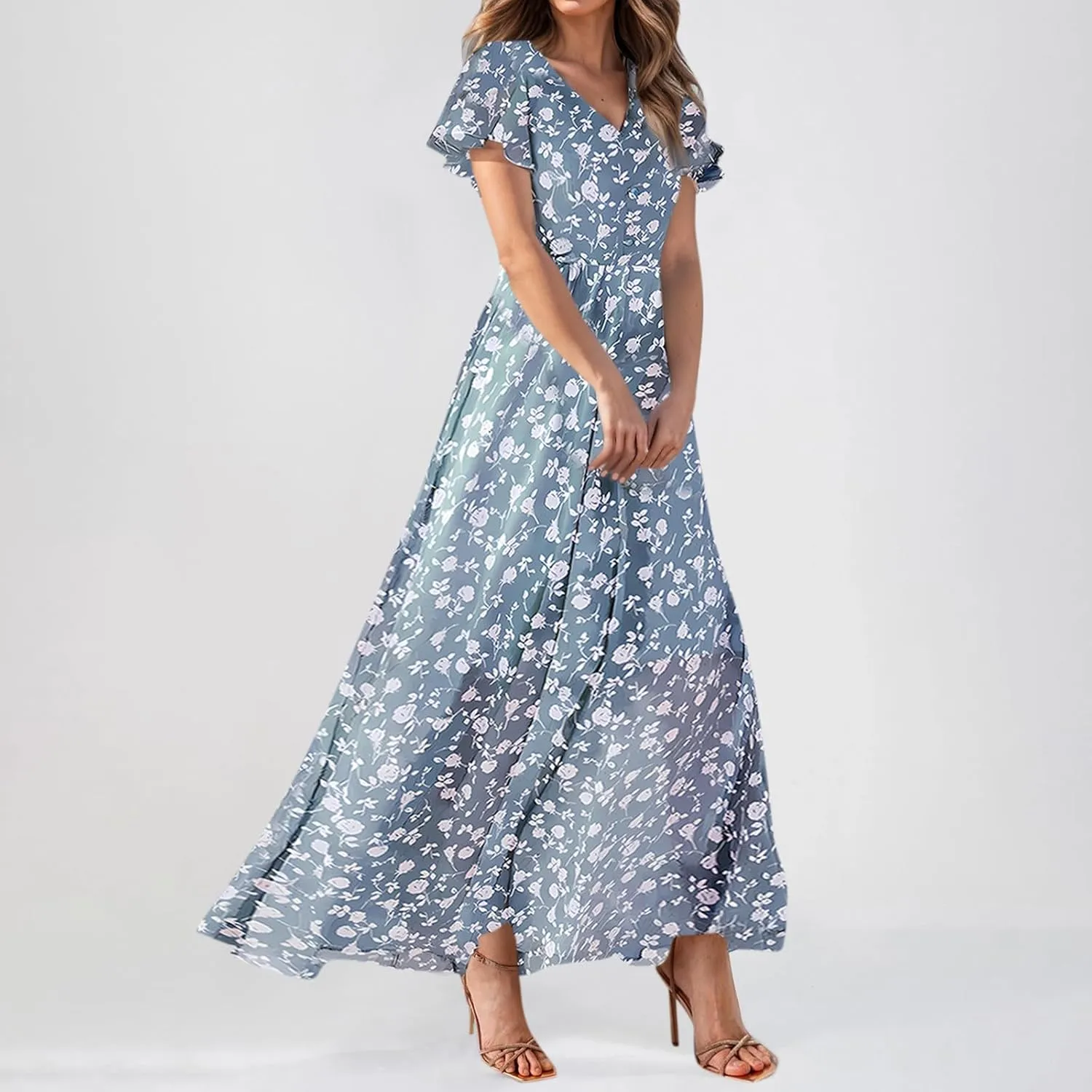 A Line Dresses for Women 2025 Floral Chiffon Long Summer Dresses Ruffle Short Sleeve Beach Dress for Wedding Guest