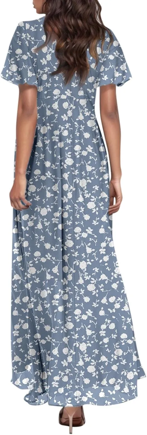 A Line Dresses for Women 2025 Floral Chiffon Long Summer Dresses Ruffle Short Sleeve Beach Dress for Wedding Guest