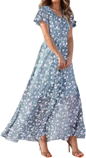 A Line Dresses for Women 2025 Floral Chiffon Long Summer Dresses Ruffle Short Sleeve Beach Dress for Wedding Guest