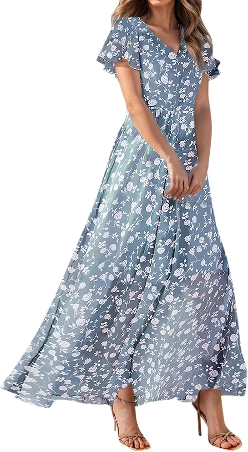 A Line Dresses for Women 2025 Floral Chiffon Long Summer Dresses Ruffle Short Sleeve Beach Dress for Wedding Guest