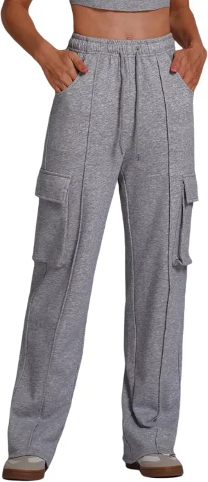 ABOCIW Women's Fleece Lined Wide Leg Sweatpants Elastic High Waisted Baggy Athletic Joggers Pants with Pockets