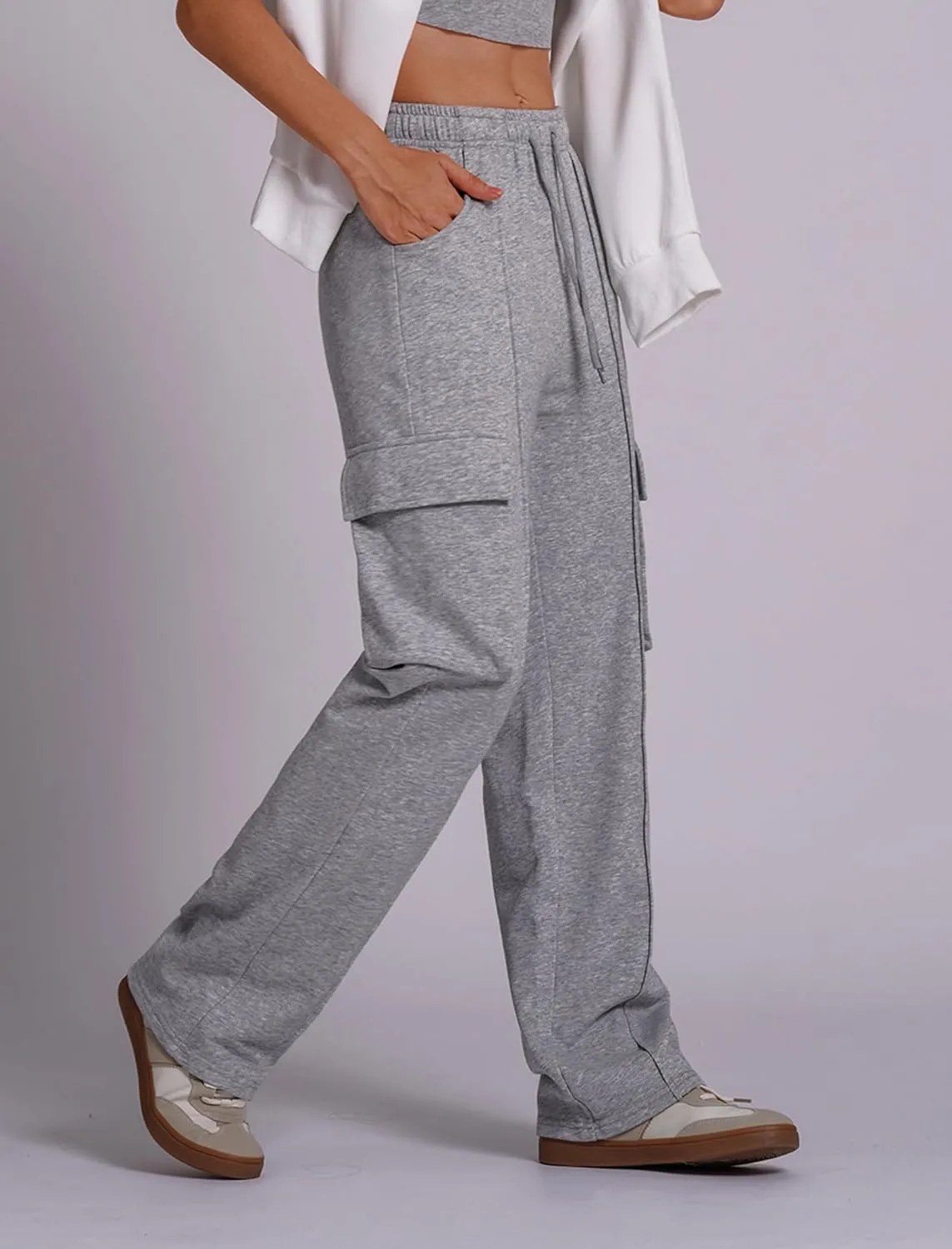 ABOCIW Women's Fleece Lined Wide Leg Sweatpants Elastic High Waisted Baggy Athletic Joggers Pants with Pockets