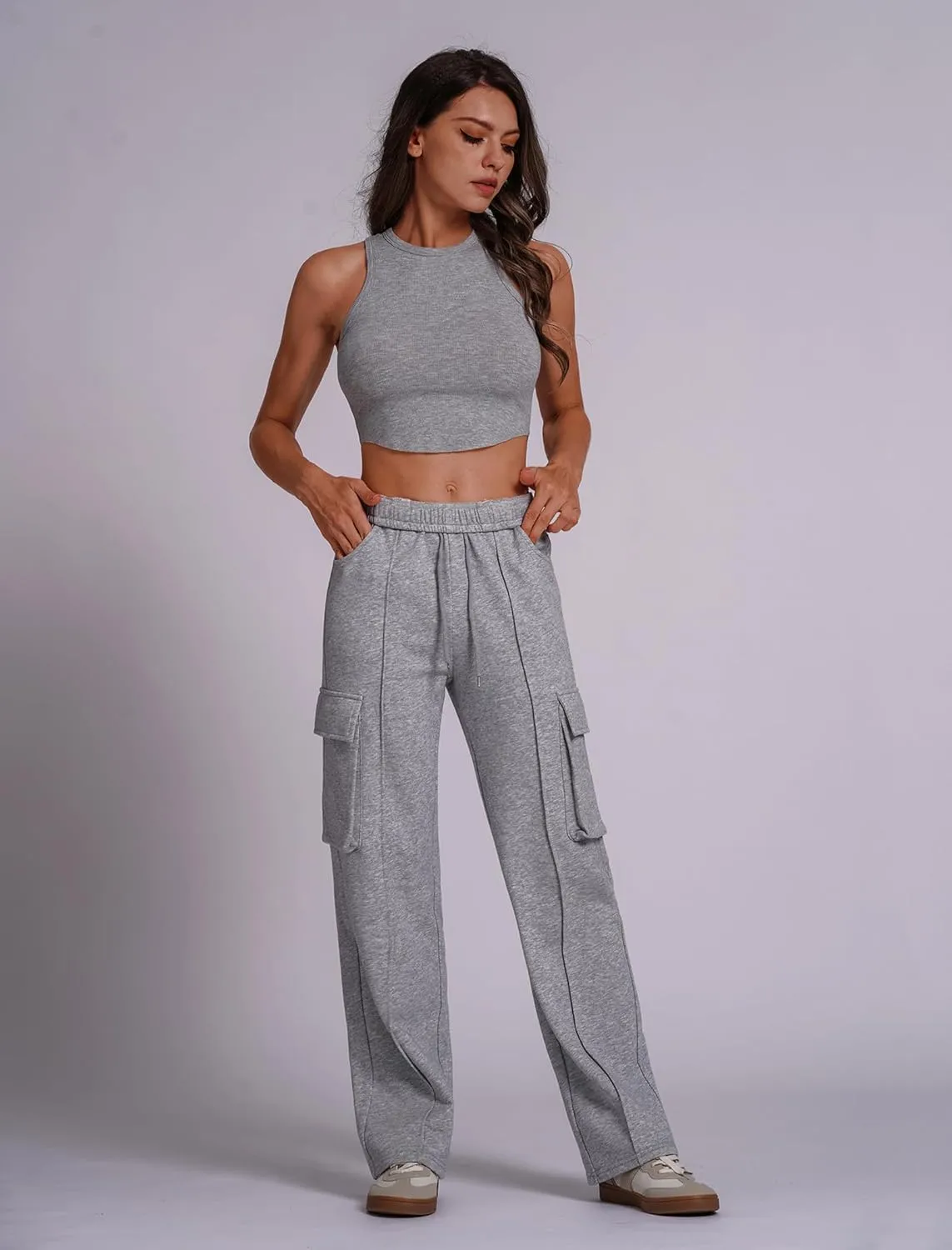 ABOCIW Women's Fleece Lined Wide Leg Sweatpants Elastic High Waisted Baggy Athletic Joggers Pants with Pockets
