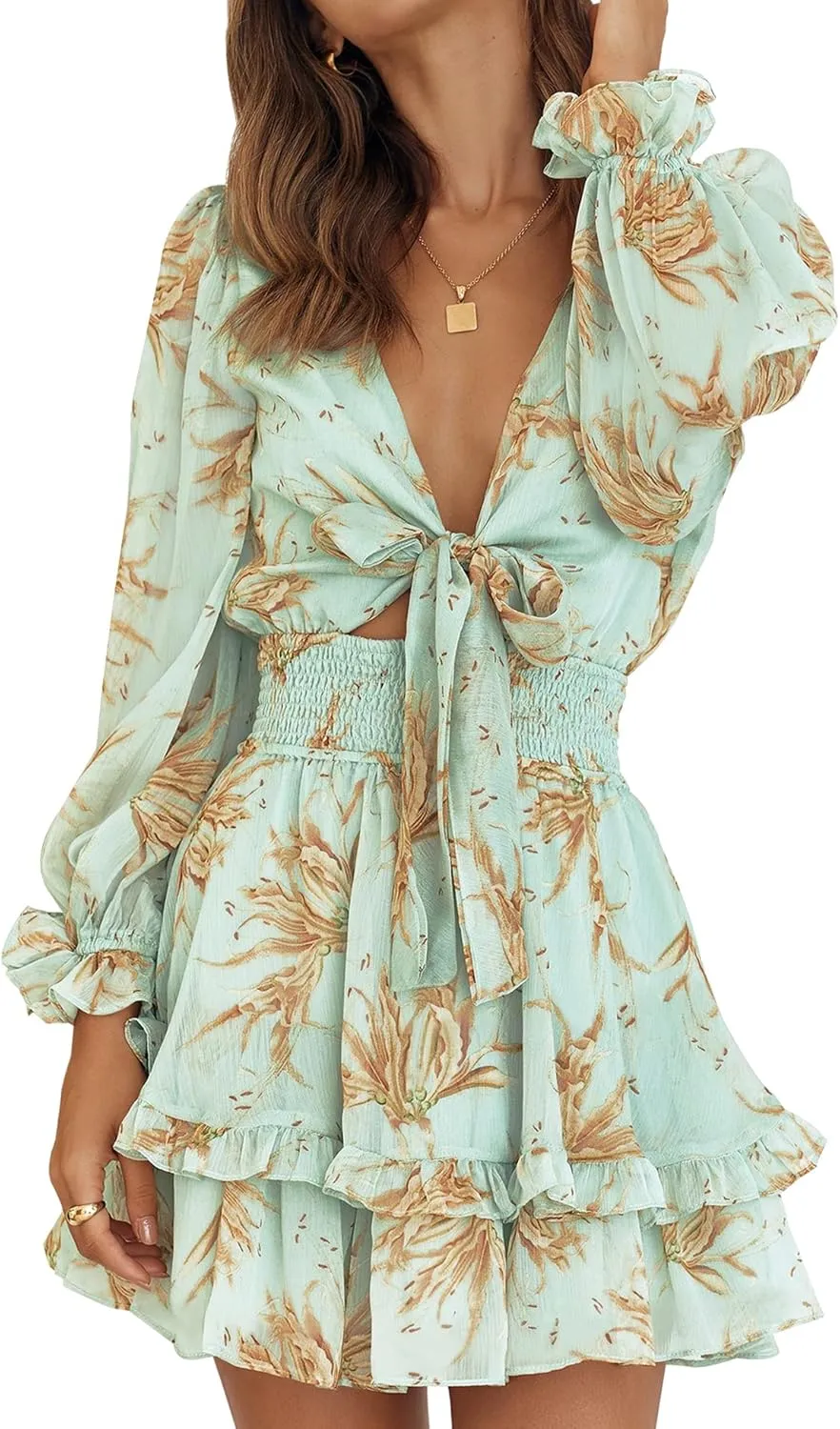 AIMCOO Women's Long Puff Sleeves Knot Front Short Dress Smocked Waist Solid Ruffle Mini Dresses V Neck Summer Floral Dress