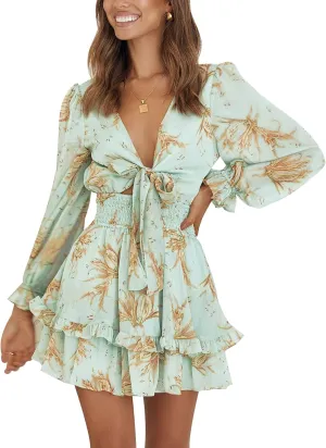 AIMCOO Women's Long Puff Sleeves Knot Front Short Dress Smocked Waist Solid Ruffle Mini Dresses V Neck Summer Floral Dress