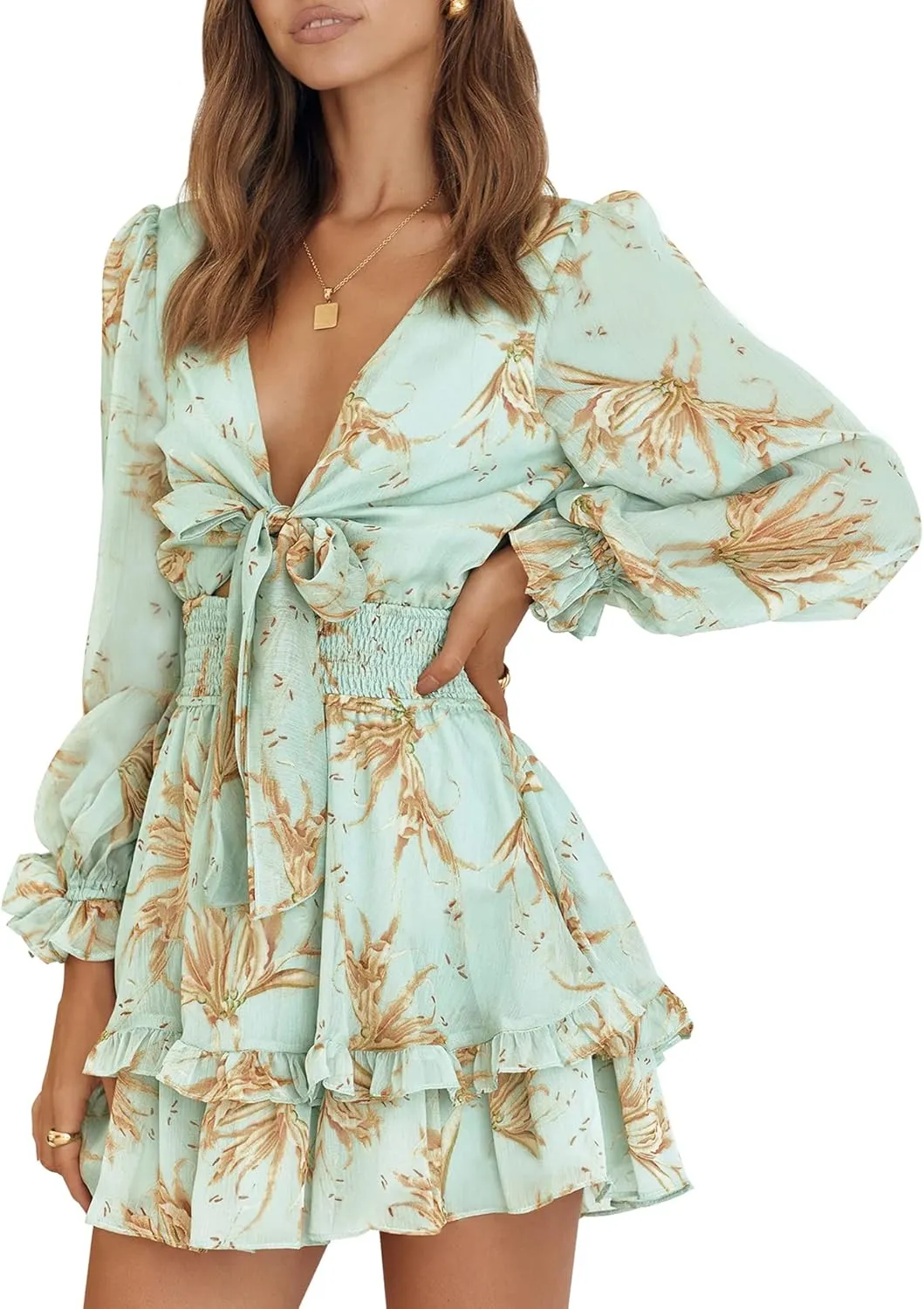 AIMCOO Women's Long Puff Sleeves Knot Front Short Dress Smocked Waist Solid Ruffle Mini Dresses V Neck Summer Floral Dress