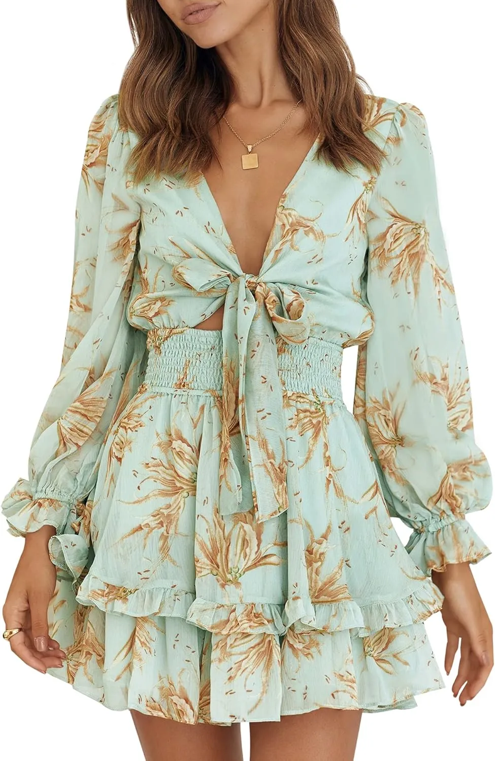 AIMCOO Women's Long Puff Sleeves Knot Front Short Dress Smocked Waist Solid Ruffle Mini Dresses V Neck Summer Floral Dress