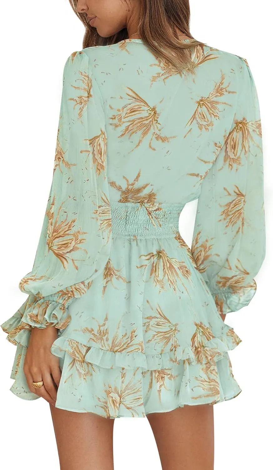 AIMCOO Women's Long Puff Sleeves Knot Front Short Dress Smocked Waist Solid Ruffle Mini Dresses V Neck Summer Floral Dress