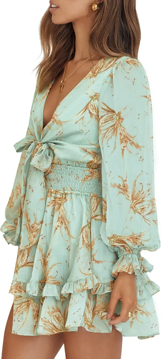 AIMCOO Women's Long Puff Sleeves Knot Front Short Dress Smocked Waist Solid Ruffle Mini Dresses V Neck Summer Floral Dress
