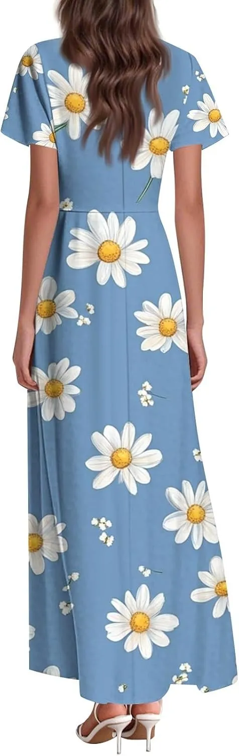 Aline Dresses for Women 2025 Spring Sundress V Neck Short Sleeve Floral Wrap Ruffle Boho Maxi Wedding Guest Dress, Xs-2Xl