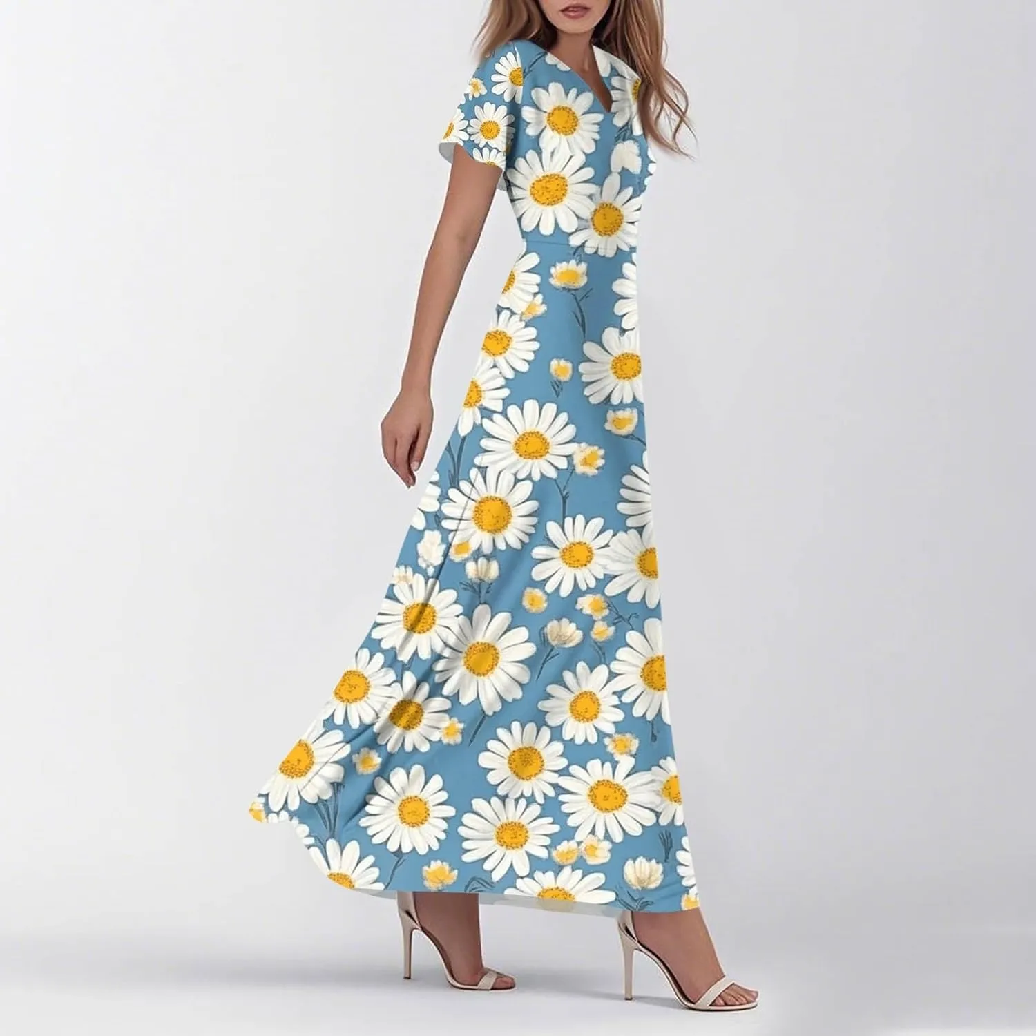 Aline Dresses for Women 2025 Spring Sundress V Neck Short Sleeve Floral Wrap Ruffle Boho Maxi Wedding Guest Dress, Xs-2Xl